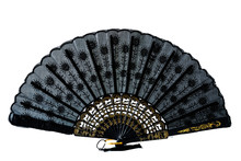 Lace Black And Gold Hand Fan Isolated On White  Background. Spanish Or Chinese Influence. Flamenco Fan.