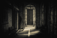 Drawing-like View Of Scary Passage Leading To An Old Brick Arch With A Rusty Open Iron Gate, Heading To A Broken Blind. Light Trails And Shadows Mixed In Spooky Ways.