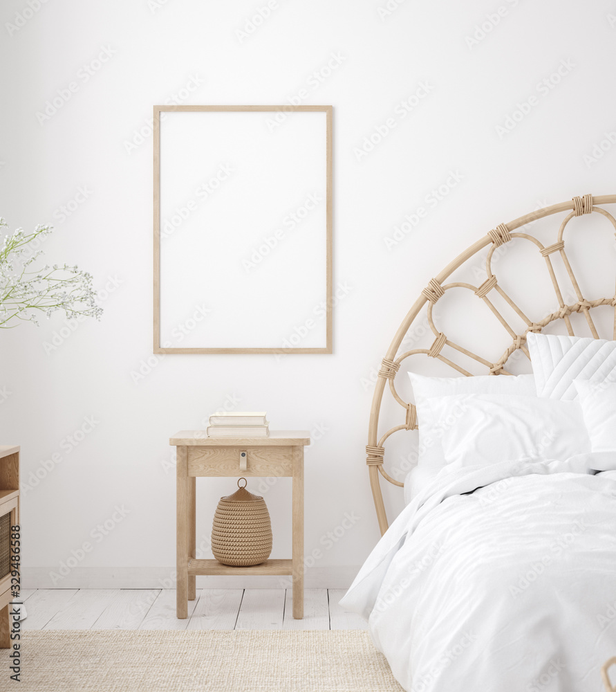 Mockup frame in Coastal boho style bedroom interior, 3d render - obrazy, fototapety, plakaty 
