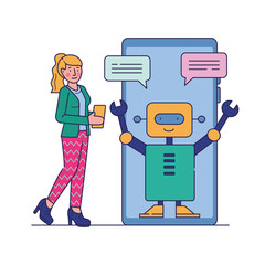 Aufkleber - Woman using mobile phone and chatting with chatbot. Customer using online support service. Vector illustration for artificial intelligence, robotic assistant, technology concept