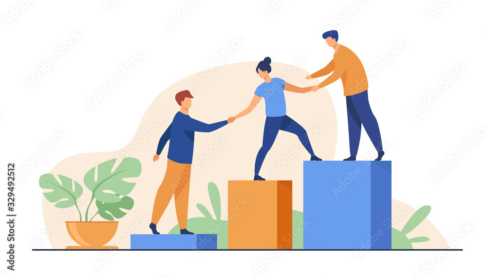Employees giving hands and helping colleagues to walk upstairs. Team giving support, growing together. Vector illustration for teamwork, mentorship, cooperation concept - obrazy, fototapety, plakaty 