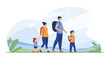 Happy active family walking outdoors. Couple of tourists with children hiking, carrying camping backpacks. Vector illustration for holiday, mountain trekking, activity, lifestyle concept