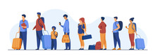 Group Of Tourist With Luggage Standing In Line. Men, Women, Kid Holding Their Bags And Suitcases Vector Illustration For Trip, Airport, Travel, Queue Concept