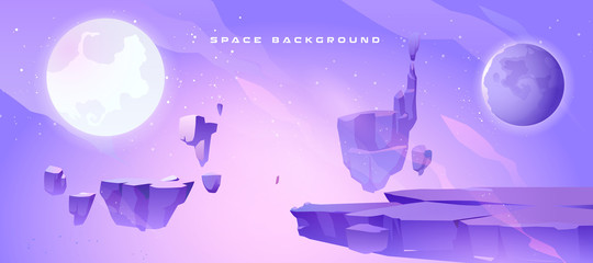 Poster - Space background with landscape of alien planet with craters and crack. Vector cartoon fantasy illustration of purple galaxy sky with moon and ground surface with rocks