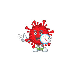 Sticker - cartoon character style of cheerful dangerous coronaviruses with clock