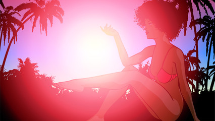 Wall Mural - Summer vacations. Beautiful woman afro hair style dressed swimsuit. Vector image. Palms on the background