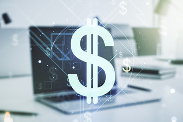 Poster - Creative EURO USD symbols illustration on modern computer background, forex and currency concept. Multiexposure