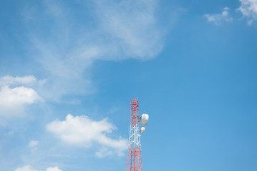 Blue sky and cloud view with transmission tower for send and receive signal.