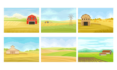 Agricultural Lands with Barn Houses and Cultivated Fields Vector Scenes Set