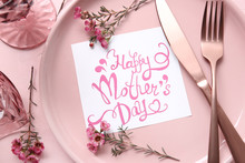 Table Setting With Card For Mother's Day Dinner, Closeup