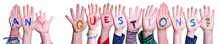 Children Hands Building Colorful Word Any Questions. White Isolated Background