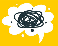 Vector Cartoon Illustration With Geometric Round Cloud Shape Bubble Speech With Confused Thoughts On Yellow Background.