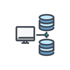 Poster - Connect to database color line icon. Computer with connection to file server vector outline colorful sign.