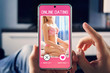 guy looks at photos of beautiful girls on his smartphone in the Dating app at home, online love concept: man using, digital generated phone with dating site on screen. All screen graphics are made up.