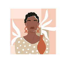 Contemporary Fashion Collage With Abstract African Woman Portrait, Leaf, Vase And Geometric Elements. Trendy Illustration In Minimalistic Style. Vector Print Poster, Card, Invitation, T-shirt Etc.