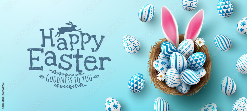 Easter poster and banner template with Easter eggs in the nest on light blue background.Greetings and presents for Easter Day in flat lay styling.Promotion and shopping template for Easter - obrazy, fototapety, plakaty 