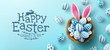Easter poster and banner template with Easter eggs in the nest on light blue background.Greetings and presents for Easter Day in flat lay styling.Promotion and shopping template for Easter