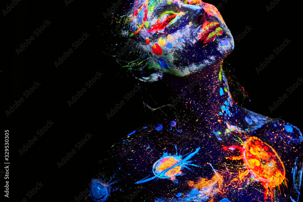 UV painting of a universe on a female body portrait - obrazy, fototapety, plakaty 