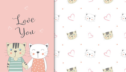 Greeting card of cute cat and baby pattern in the white backdrop