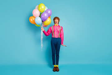 Poster - full length photo astonished guy hold many air baloons he receive get anniversary celebration party impressed scream wow omg wear good look clothing shoes isolated blue color background