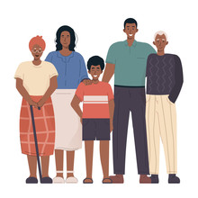 African Family Portrait. Grandparents, Parents And Children. Black Family In Flat Cartoon Illustration