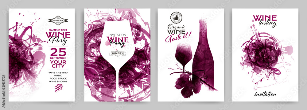 Collection of templates with wine designs. Brochures; posters; invitation cards; promotion banners; menus. - obrazy, fototapety, plakaty 