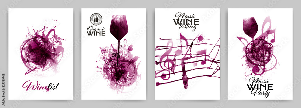 Set with strokes backgrounds and red wine stains. Artistic music symbols with spots. - obrazy, fototapety, plakaty 