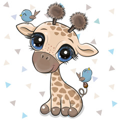 Cartoon Giraffe with two birds