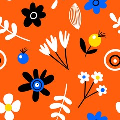 Amazing seamless floral pattern with bright colorful flowers and leaves. Vector floral pattern in doodle style with flowers and leaves. Hand drawn fabric, gift wrap, wall art design. Modern floral.