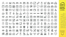 Hotel Icons Set. Rental Property Isolated Icons. Set Of Apartment Reservation, Hotel Booking, Rent Hostel Room, Airport Shuttle, Room Area, Flat Rent, Five-star Hotel, Service Line Vector Web Icon