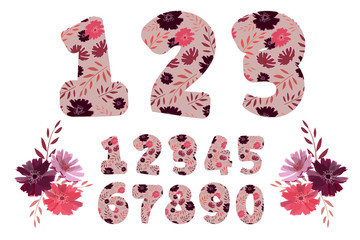 Vector cartoon adorable flower numbers from 0 to 9. Botanical character, figure. Pink, maroon, purple, coral color flowers in the shape of a bold number. Chicory flowers with branches.