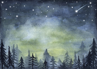 peaceful spruce forest under night sky full of stars. fog forest landscape. watercolor illustration.