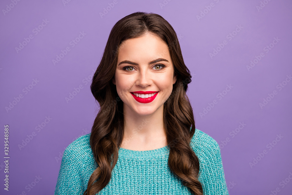 Closeup photo of beautiful amazing pretty lady red lips curly hairdo beaming smiling good mood wear blue knitted pullover isolated purple color background - obrazy, fototapety, plakaty 