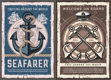 Sea Ship Anchors, Sail Boat Helm And Ropes, Vintage Nautical Compass And Captain Hat Vector Design Of Marine Travel And Sailing Sport. Vessel Transport Navigation Equipment, Yacht Racing, Ocean Cruise