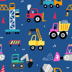 Childish seamless pattern with building equipment. Creative kids texture for fabric, wrapping, textile, wallpaper, apparel. Vector hand drawn illustration. Dark blue background.