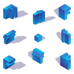 Poster - Isometric letter F. English font elements in capital and lowercase abc in various foreshortening with shadows in blue color