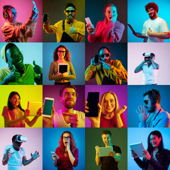 Wall Mural - Collage of portraits of 13 emotional people using gadgets on multicolored background in neon. Concept of human emotions, facial expression, sales, ad. Using tablet, smartphone, laptop, headphones.