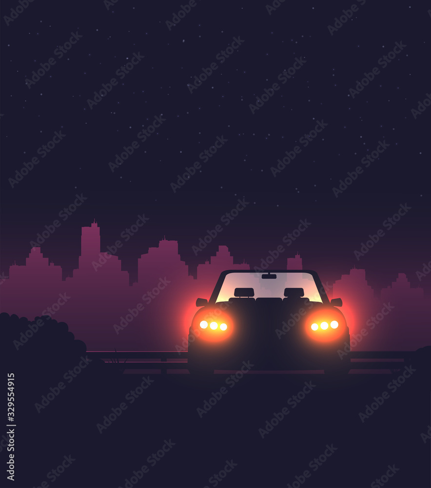 Night background with car vector, flat illustration - obrazy, fototapety, plakaty 