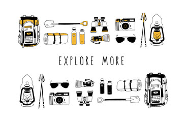 Wall Mural - Vector set of hand drawn elements isolated on white. Backpack, rolled camping bed, reusable bottles, flashlight, shovel, binoculars, sunglasses, storm lamp, trekking sticks. Minimal black and color