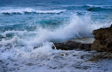 marine wave fringing on the rocks of lava rock. Caribbean coast with foamy waves.