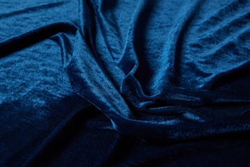 Poster - close up view of blue soft and crumpled velour textured cloth