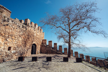Canvas Print - The historical ruins of castle walls next to harbour of city Alanya in Antalya province. Travel and tourism concept.
