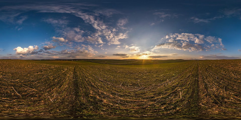 Wall Mural - full seamless spherical hdri panorama 360 degrees angle view among fields in evening sunset with awesome blue pink red clouds in equirectangular projection, ready for VR AR virtual reality