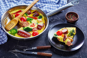 Wall Mural - close-up of omelet with sausages, top view