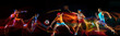 © master1305 - Creative collage of sportsmen in mixed and neon light on black background. Flyer for advertising or proposal. Motion, action, sport, reaching target concept. Tennis, soccer, basketball, badminton, run