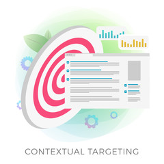 Poster - Contextual Targeting, marketing campaign concept. Context ppc online advertising with laptop ads and graph, arrow and profit icons. Concept of analytics, strategy, profit growth and successful result.