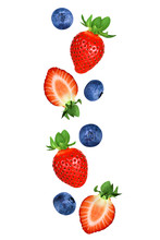 Falling Strawberries Fruits Whole And Cut In Half And Blueberries Isolated On White Background With Clipping Path.