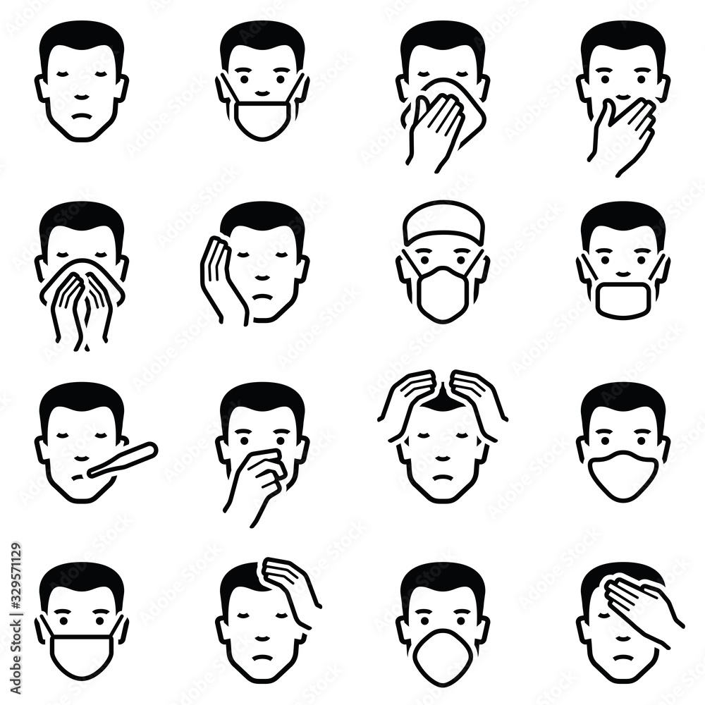 Man face illness disease flu medical healthcare emoticons icon collection - vector outline illustration  - obrazy, fototapety, plakaty 