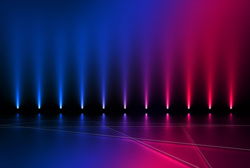 Leinwandbilder - Background empty show scene. Ultraviolet dark abstract background. Geometric neon shapes, neon glow, smoke. Reflection of light on the pavement