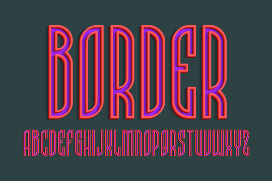 Alphabet of purple letters with red volumetric borders. 3d display font. Isolated english alphabet.